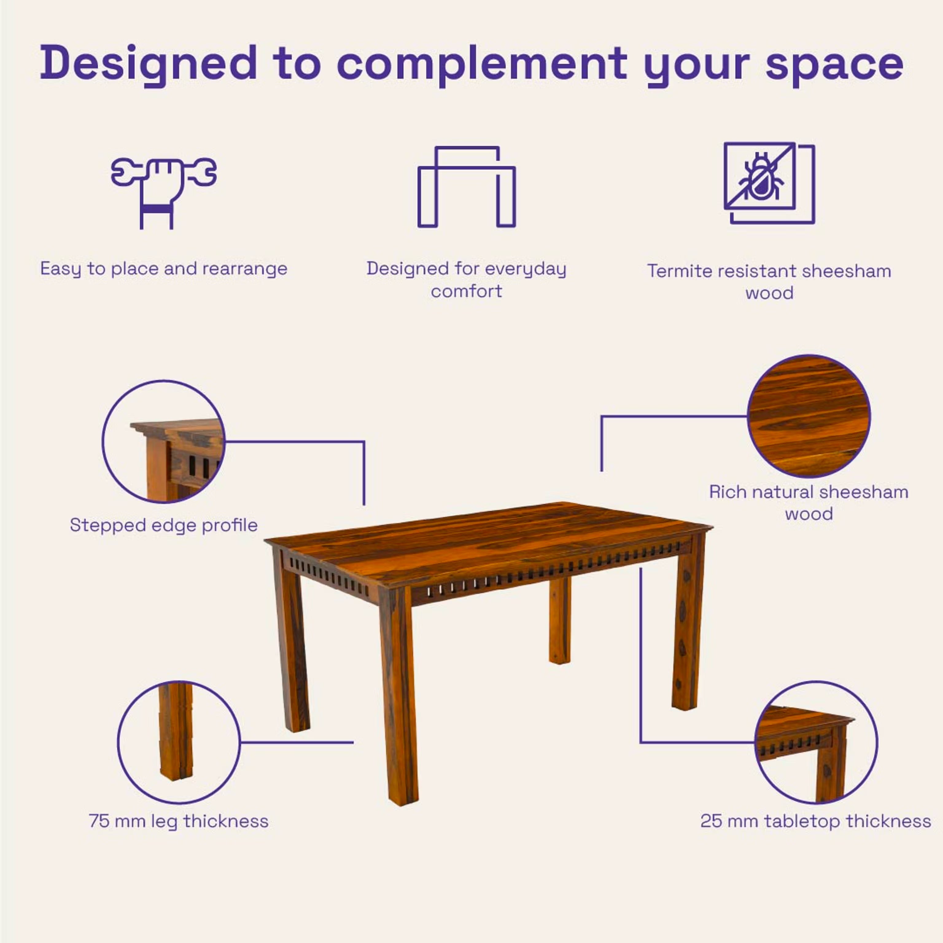 THE WOODEN CITY Solid Sheesham Wood Dining Table Dining Table Set with 4 Chairs Dinner Table Set for Dinning Room Home, Hotel and Office
