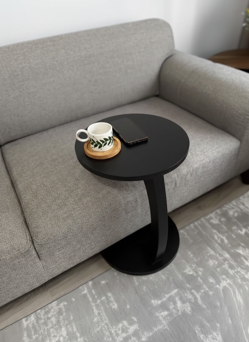 THE WOODEN CITY Wooden Round Bedside Table | Wooden Wheeled Sofa Side Table, C-Ended Coffee Table | Solid Wood Sheesham End Table (BLACK)