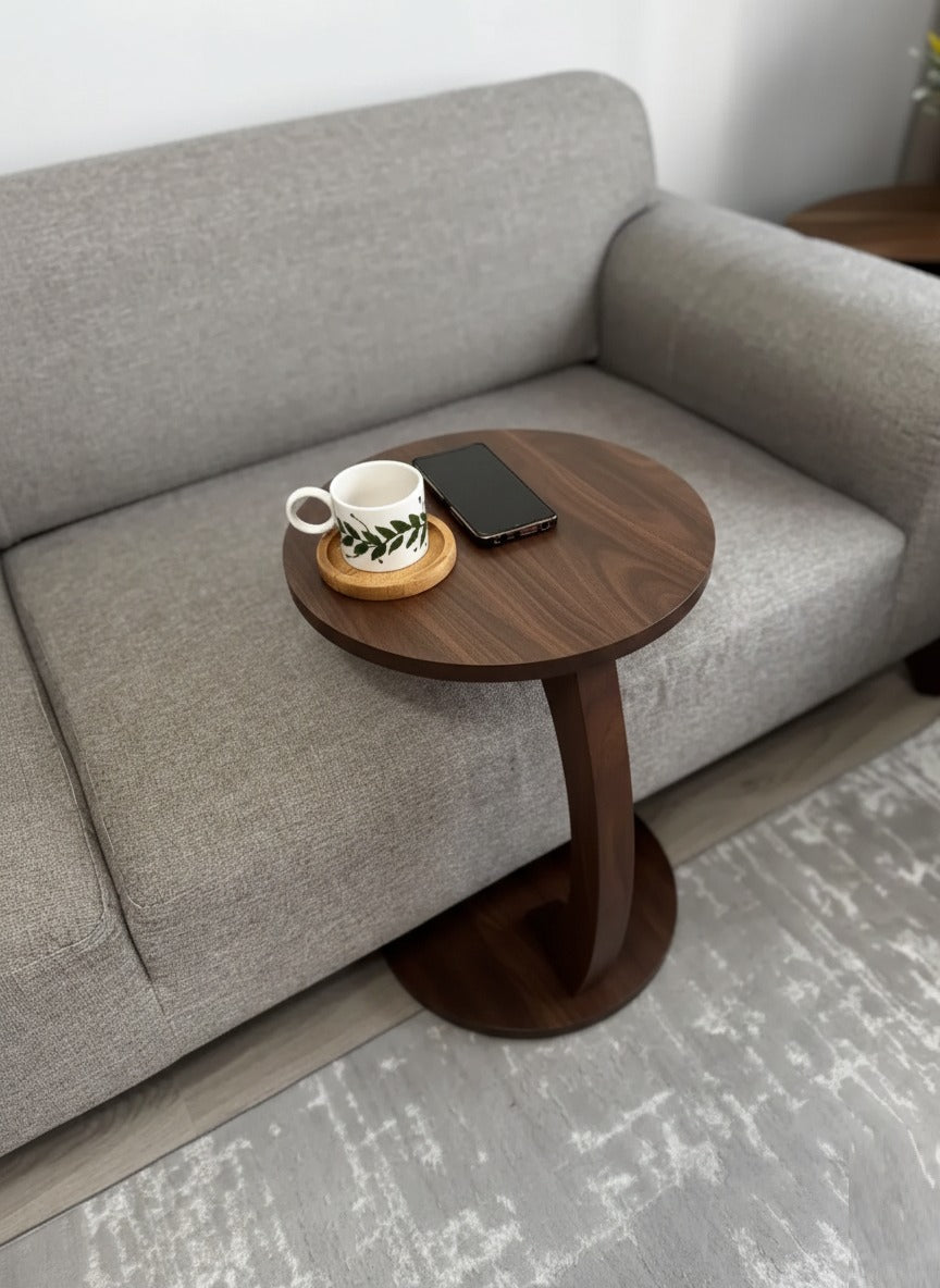 THE WOODEN CITY Wooden Round Bedside Table | Wooden Wheeled Sofa Side Table, C-Ended Coffee Table | Solid Wood Sheesham End Table (WALNUT)