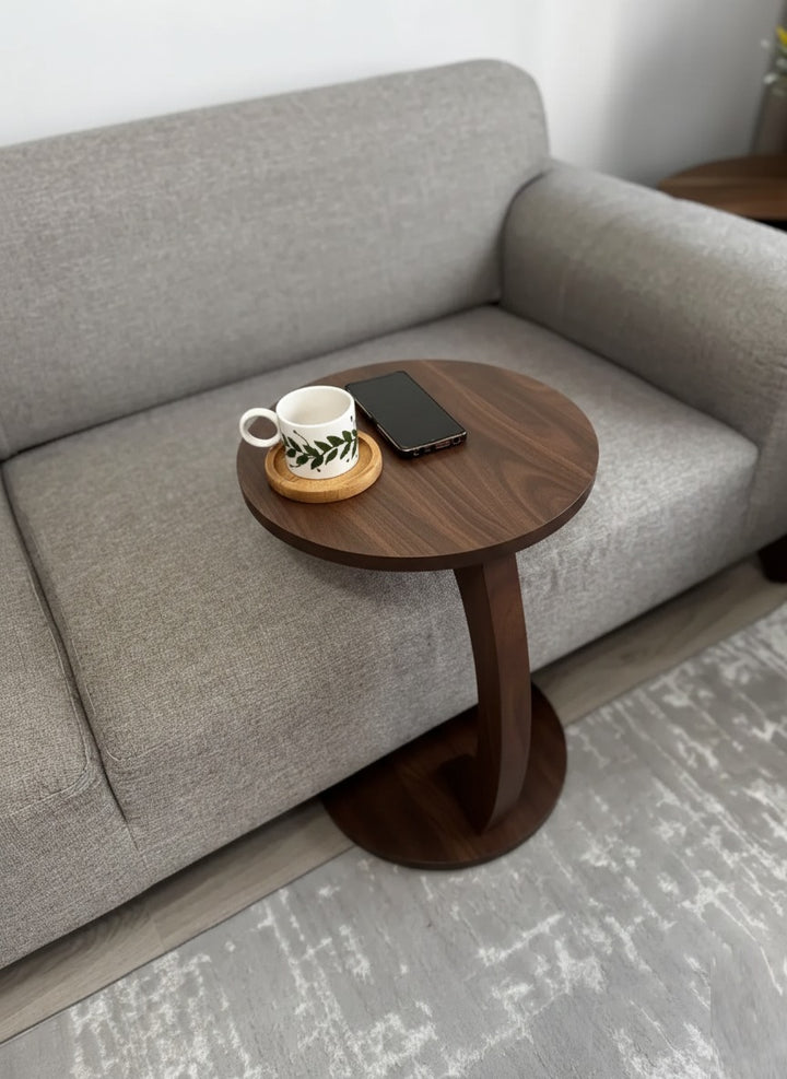 THE WOODEN CITY Wooden Round Bedside Table | Wooden Wheeled Sofa Side Table, C-Ended Coffee Table | Solid Wood Sheesham End Table (WALNUT)