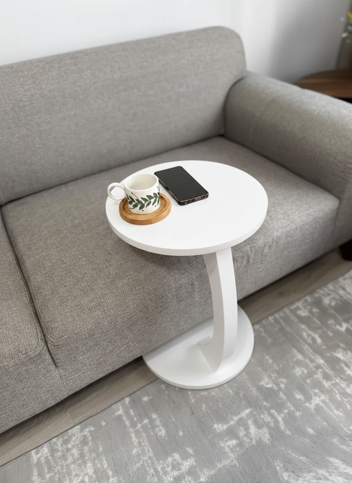 THE WOODEN CITY Wooden Round Bedside Table | Wooden Wheeled Sofa Side Table, C-Ended Coffee Table | Solid Wood Sheesham End Table (WHITE)