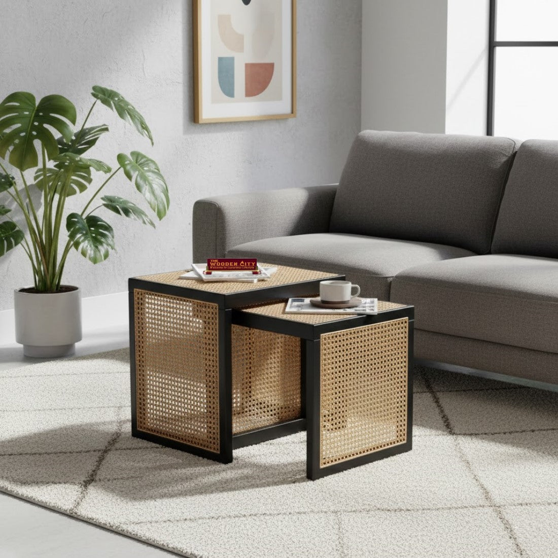THE WOODEN CITY Nesting Side Table Set with Natural Cane Webbing, Sheesham Wood, Black Finish, Modern Coffee Table for Living Room, 2 Pieces