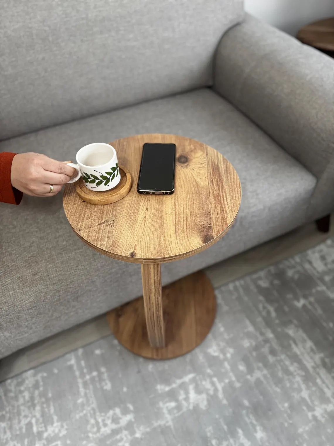 THE WOODEN CITY Wooden Wheeled Sofa Side Table, C-Ended Coffee Table (NATURAL)