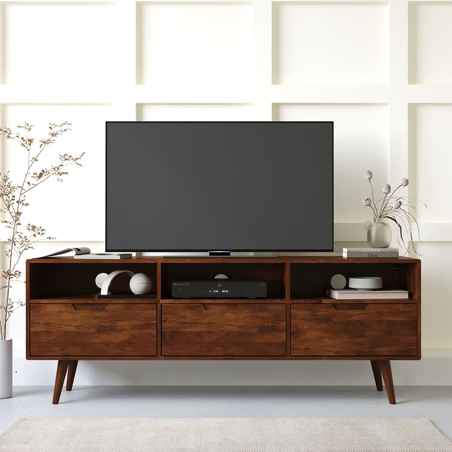 THE WOODEN CITY Solid Wood TV Unit, Free Standing, TV Cabinet with Storage