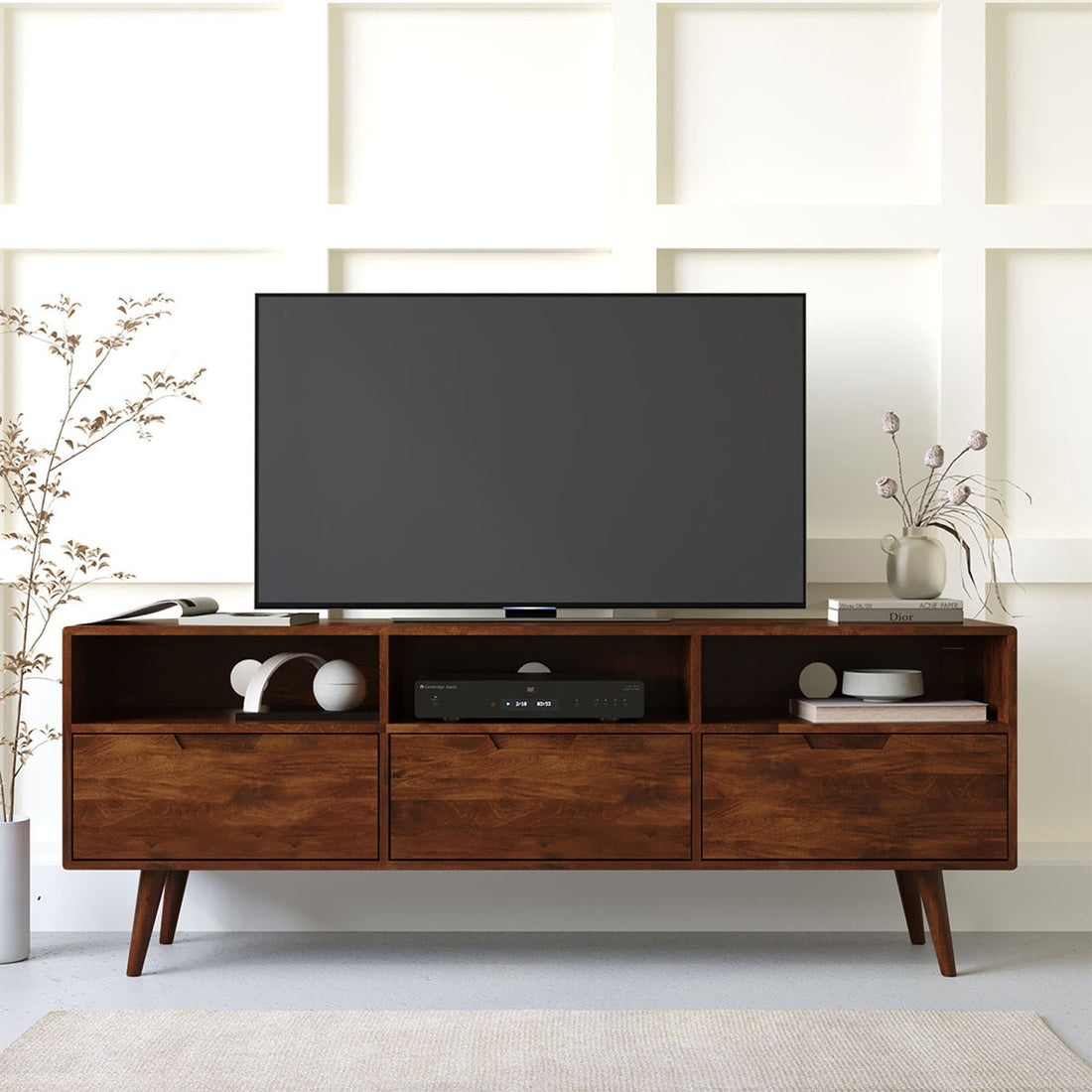 THE WOODEN CITY Solid Wood TV Unit, Free Standing, TV Cabinet with Storage