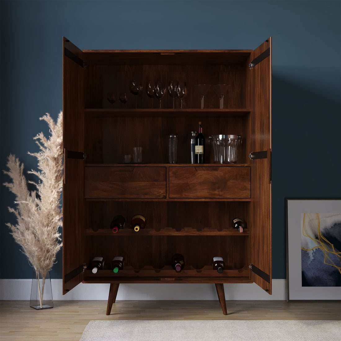 THE WOODEN CITY Solid Wood Bar Cabinet Wine Storage Rack with Drawer & Glass Holder, Wooden for Home and Bar Furniture