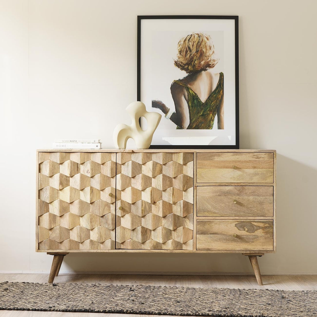 THE WOODEN CITY Solid Wood Rattan Sideboard Cabinet for Living Room