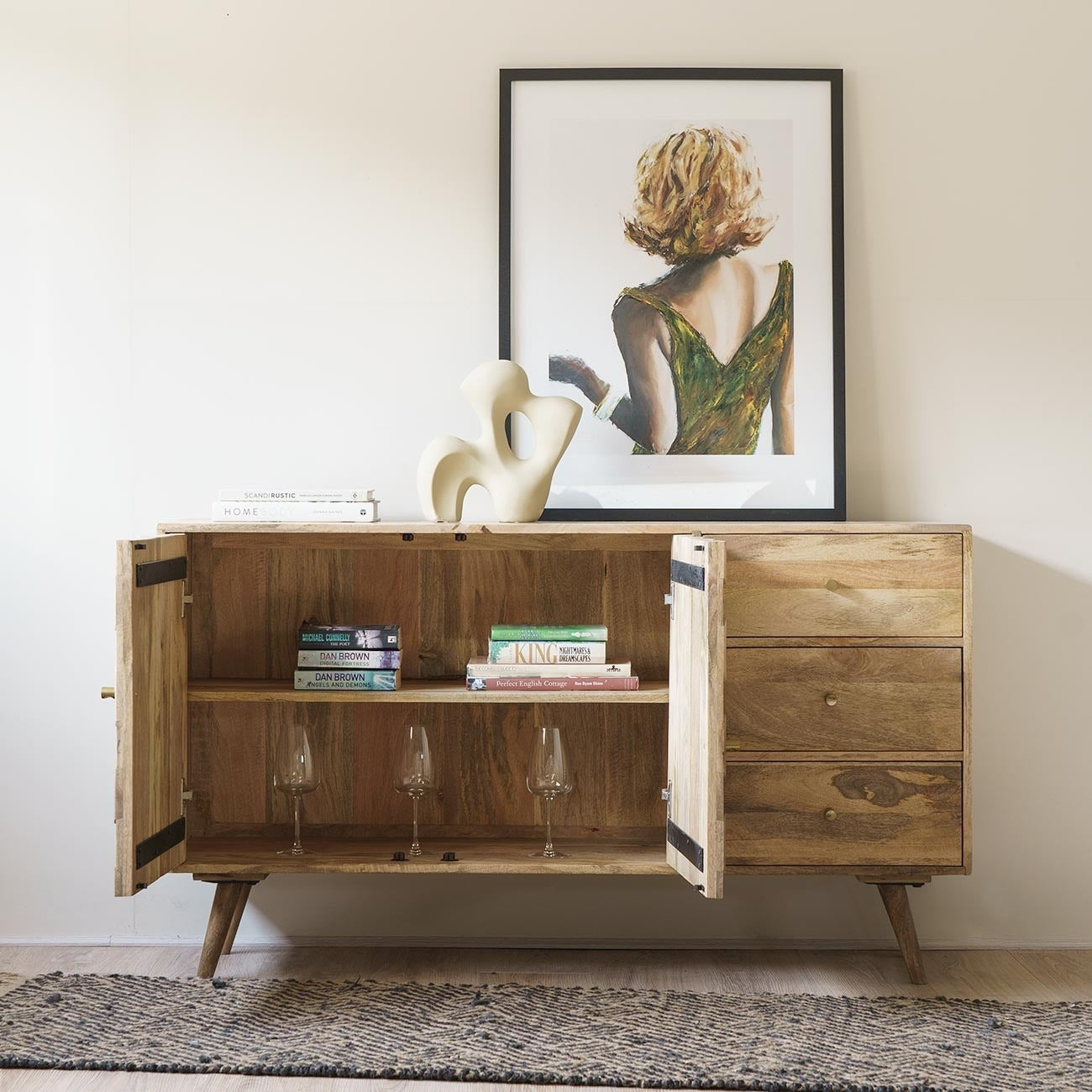 THE WOODEN CITY Solid Wood Rattan Sideboard Cabinet for Living Room