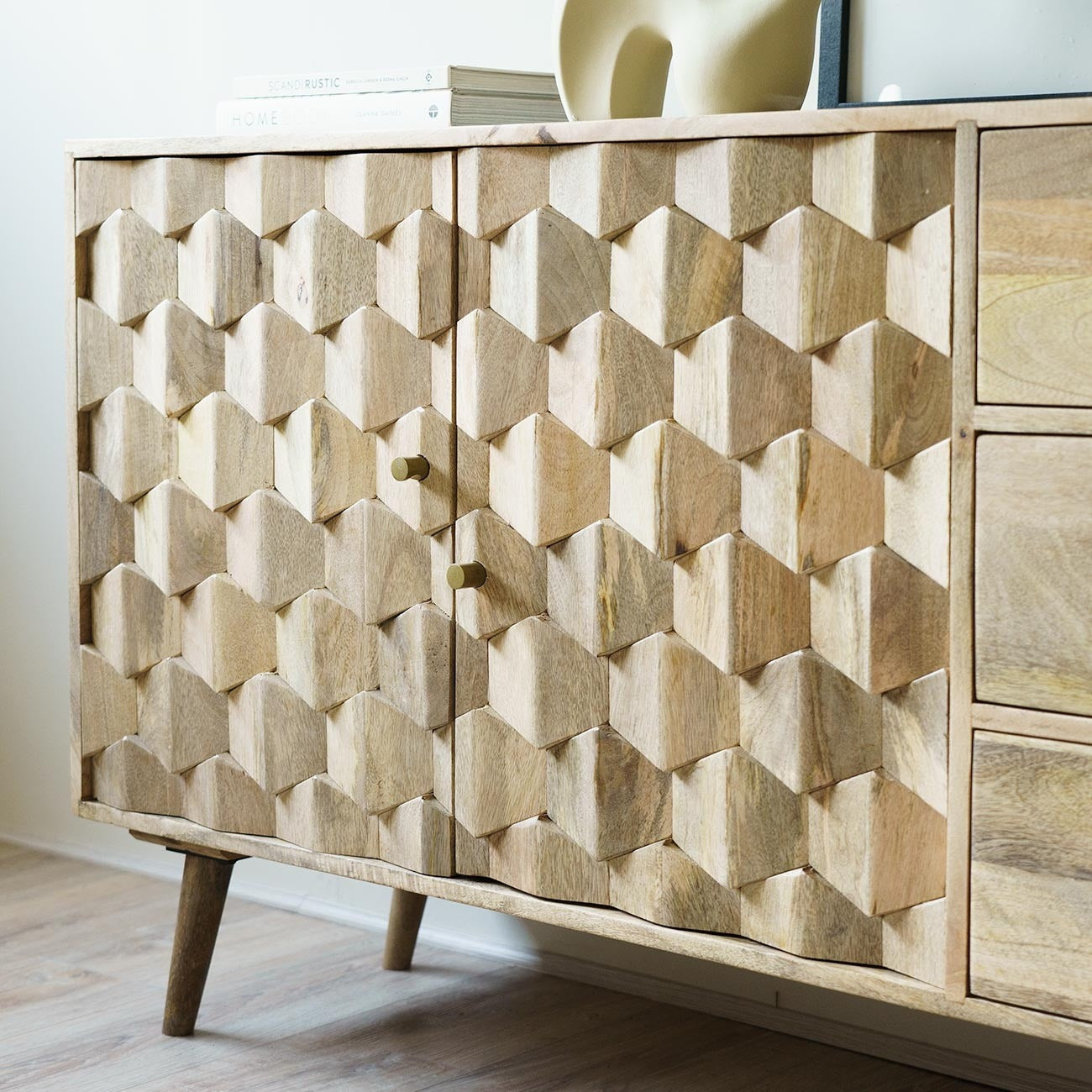 THE WOODEN CITY Solid Wood Rattan Sideboard Cabinet for Living Room
