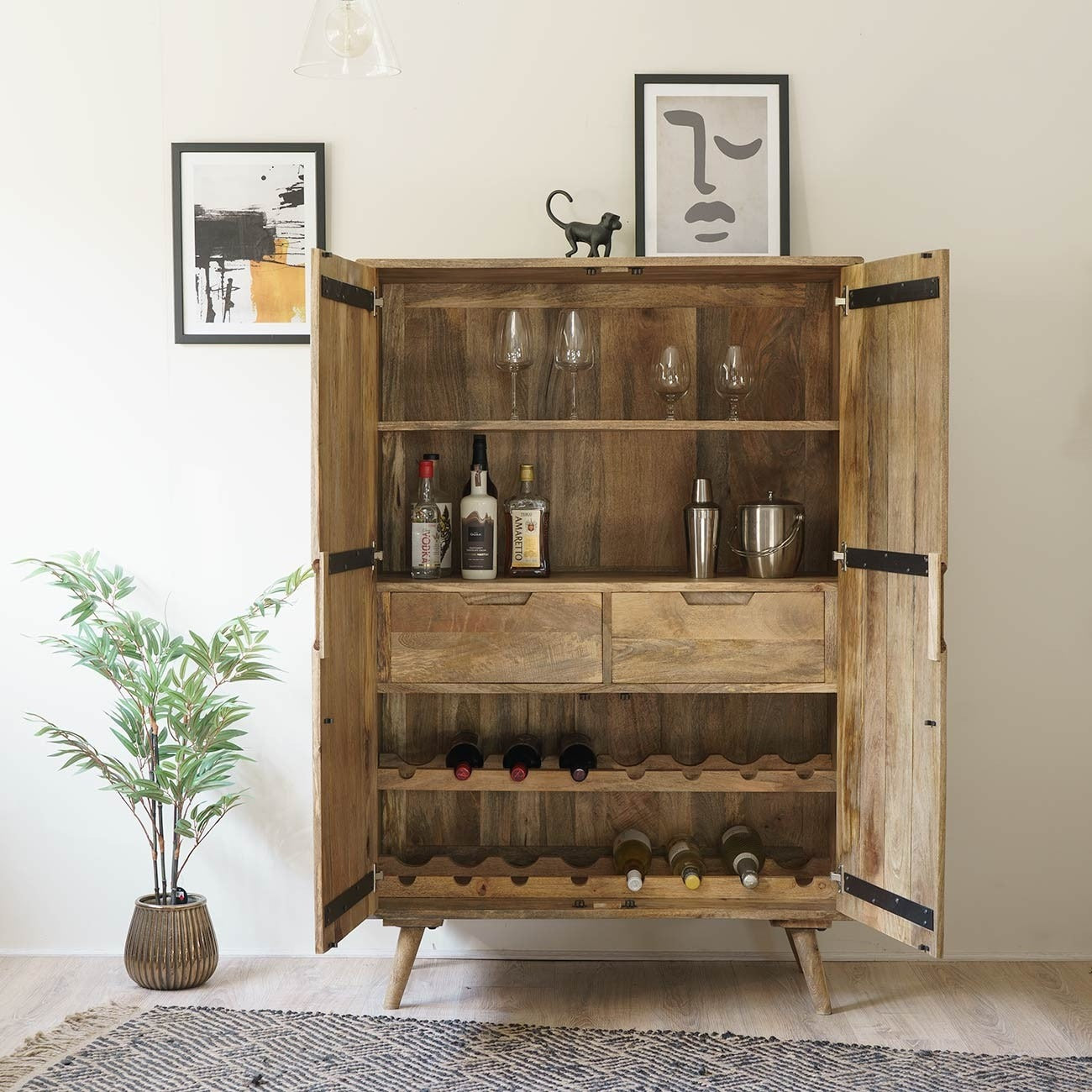 THE WOODEN CITY Solid Wood Bar Cabinet Wine Storage Rack with Drawer & Glass Holder, Wooden for Home and Bar Furniture