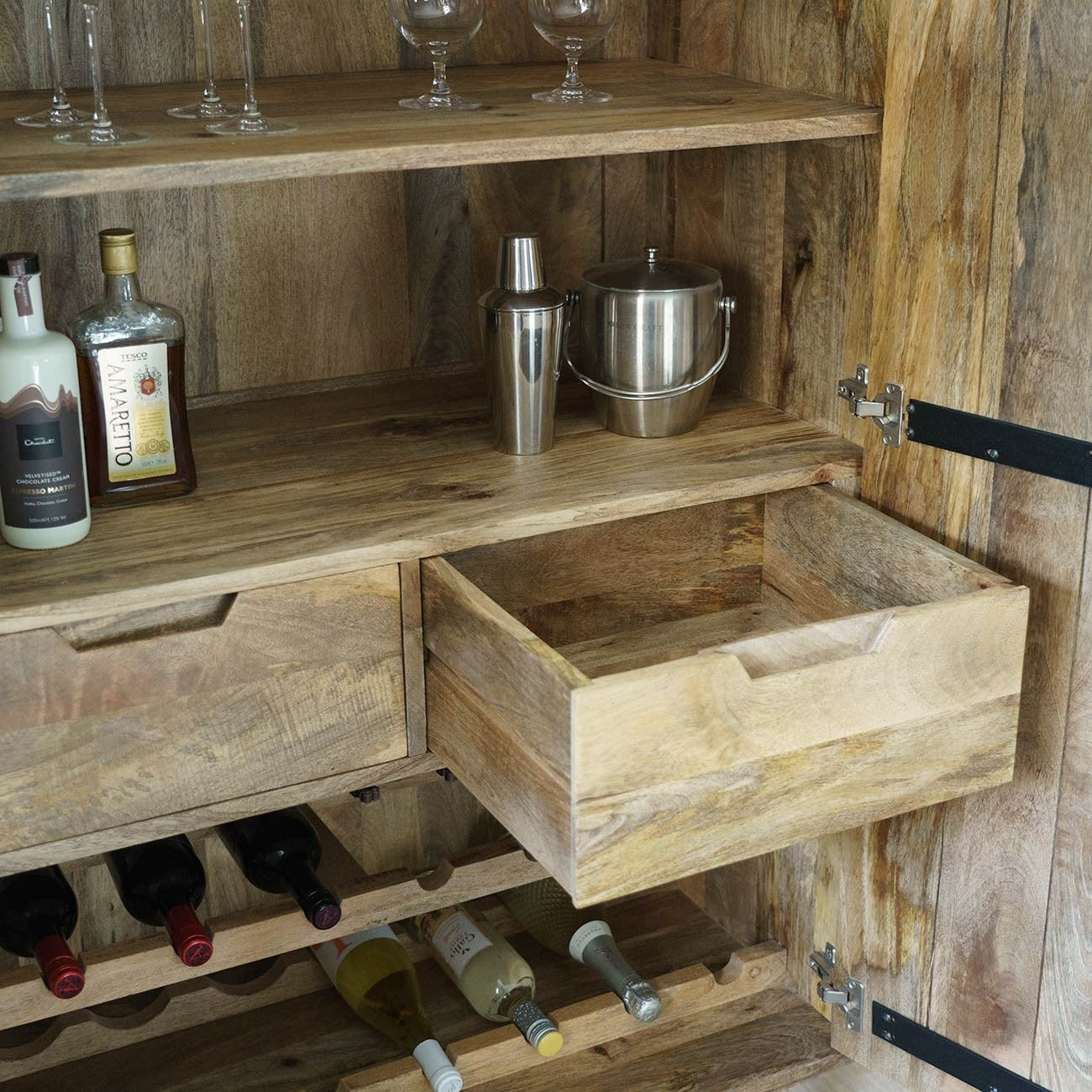 THE WOODEN CITY Solid Wood Bar Cabinet Wine Storage Rack with Drawer & Glass Holder, Wooden for Home and Bar Furniture