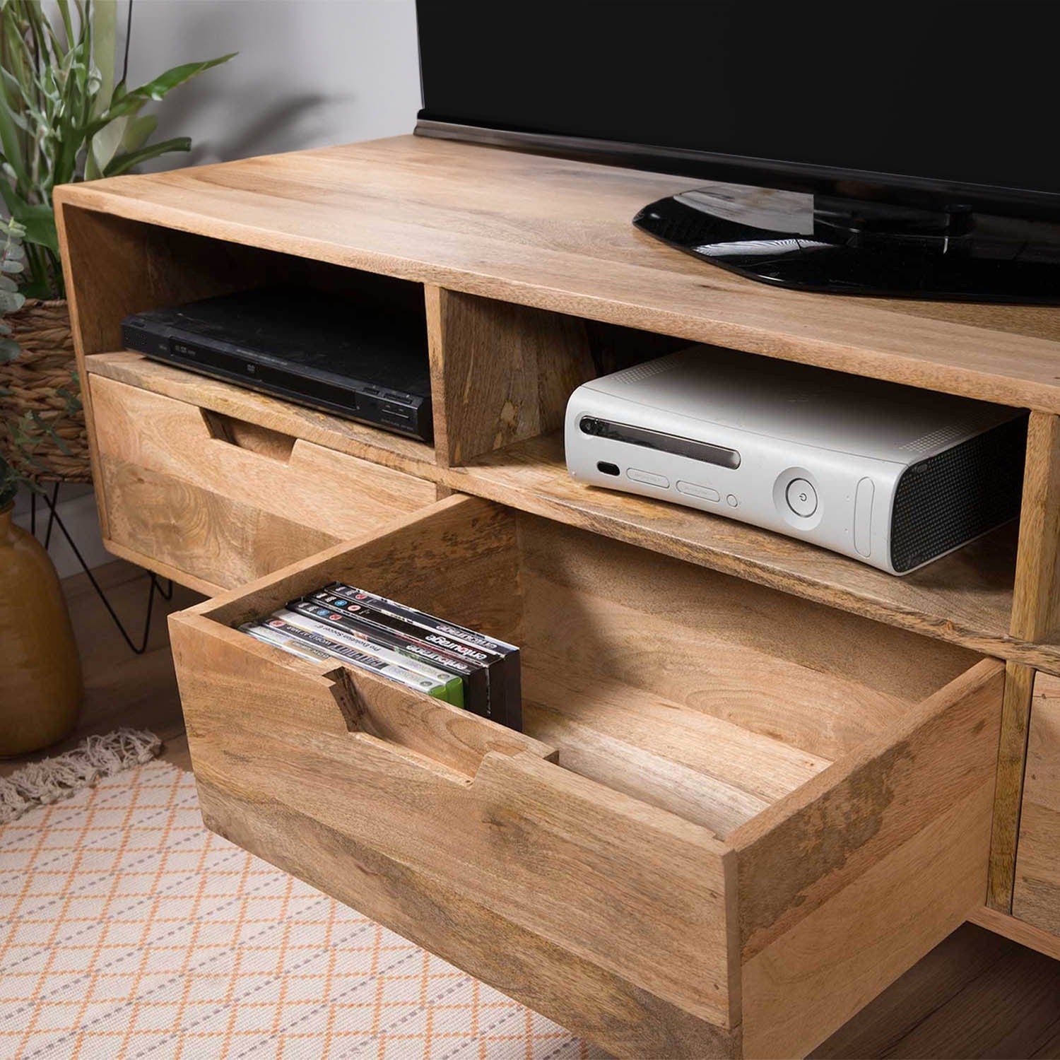 THE WOODEN CITY Solid Wood TV Unit, Free Standing, TV Cabinet with Storage