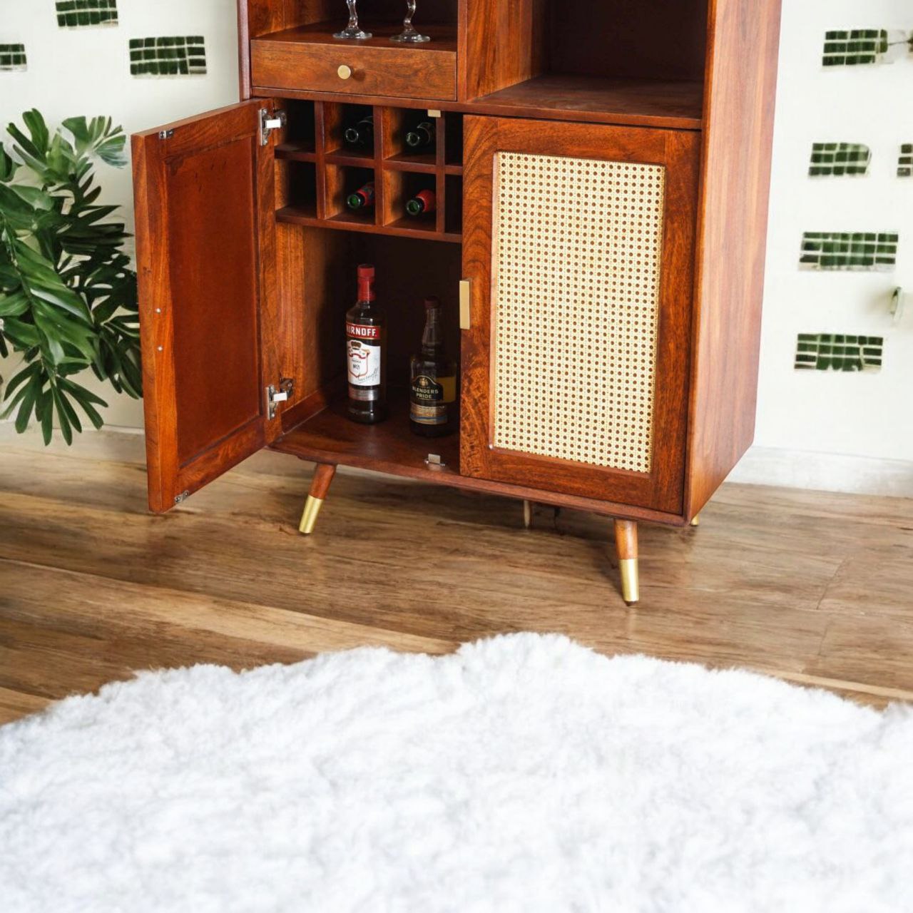 THE WOODEN CITY Solid Wood Rattan Cane Bar Cabinet with Glass Holder Storage Honey