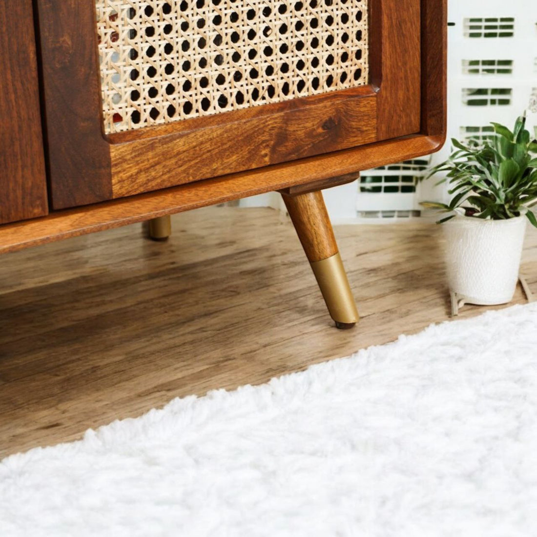 THE WOODEN CITY Solid Wood Rattan Cane Bar Cabinet with Glass Holder Storage Honey