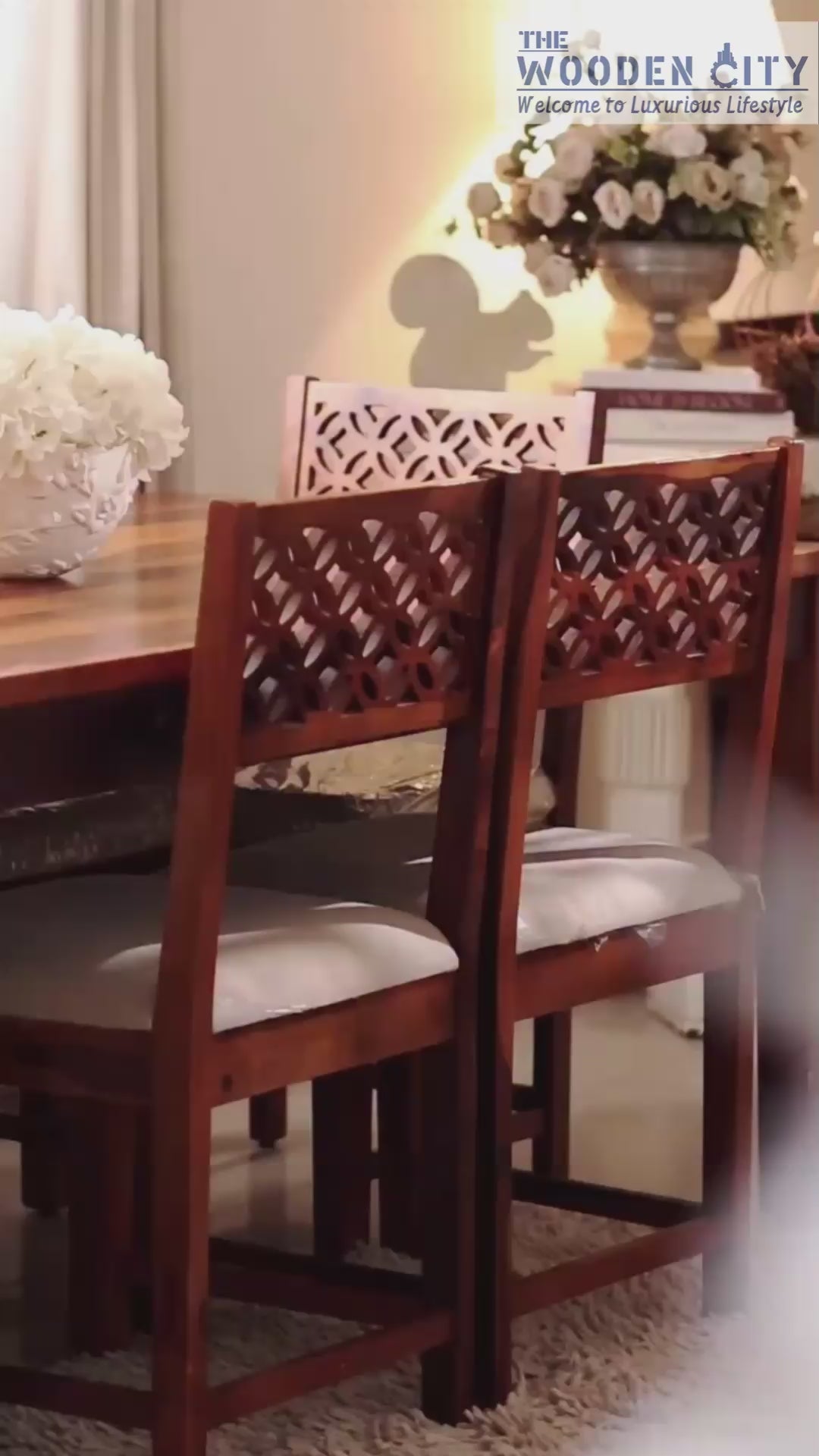THE WOODEN CITY Sheesham Wood CNC 6 Seater Dining Table with Chairs